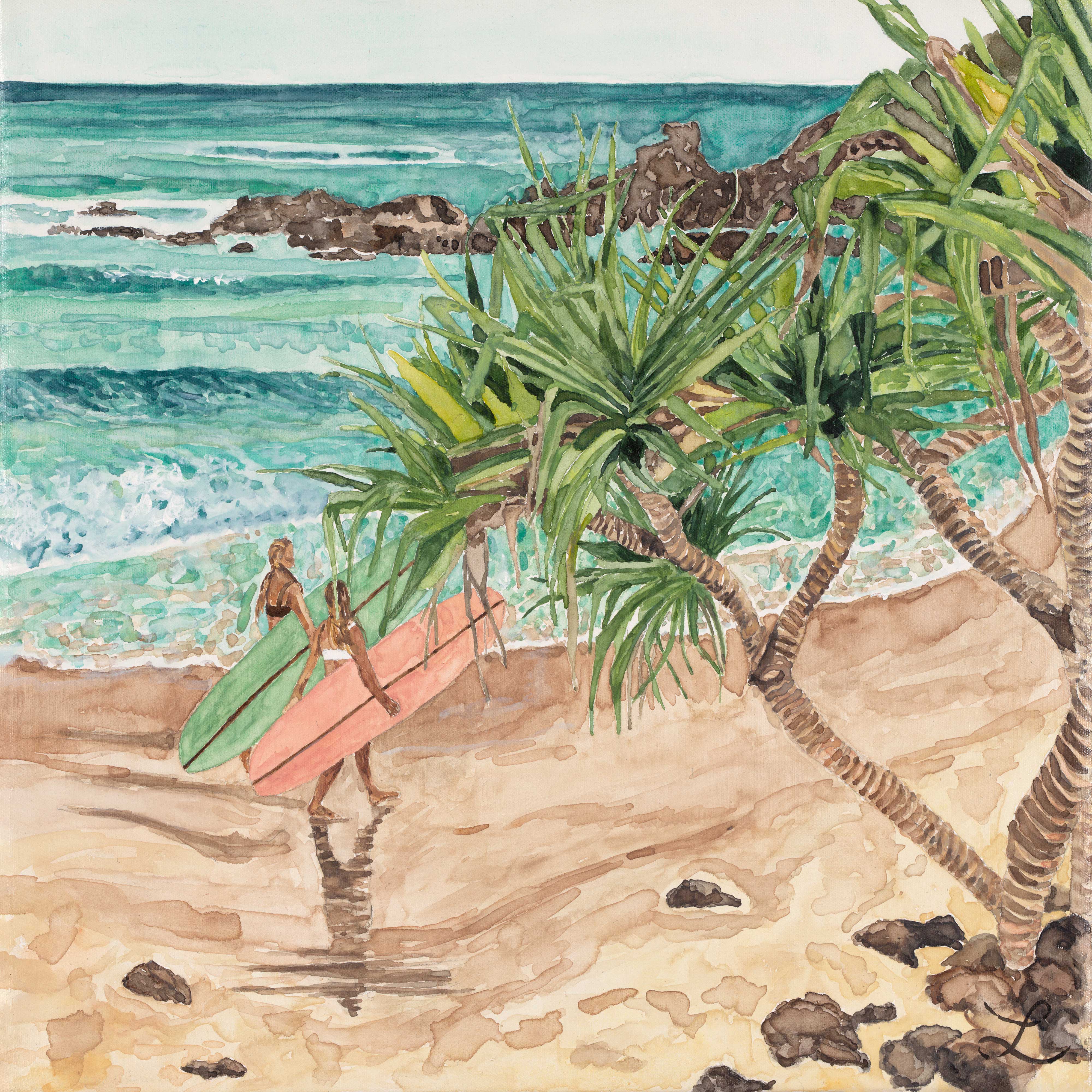 Arvo Surf Sesh at The Pass: Limited Edition Watercolour Canvas Print