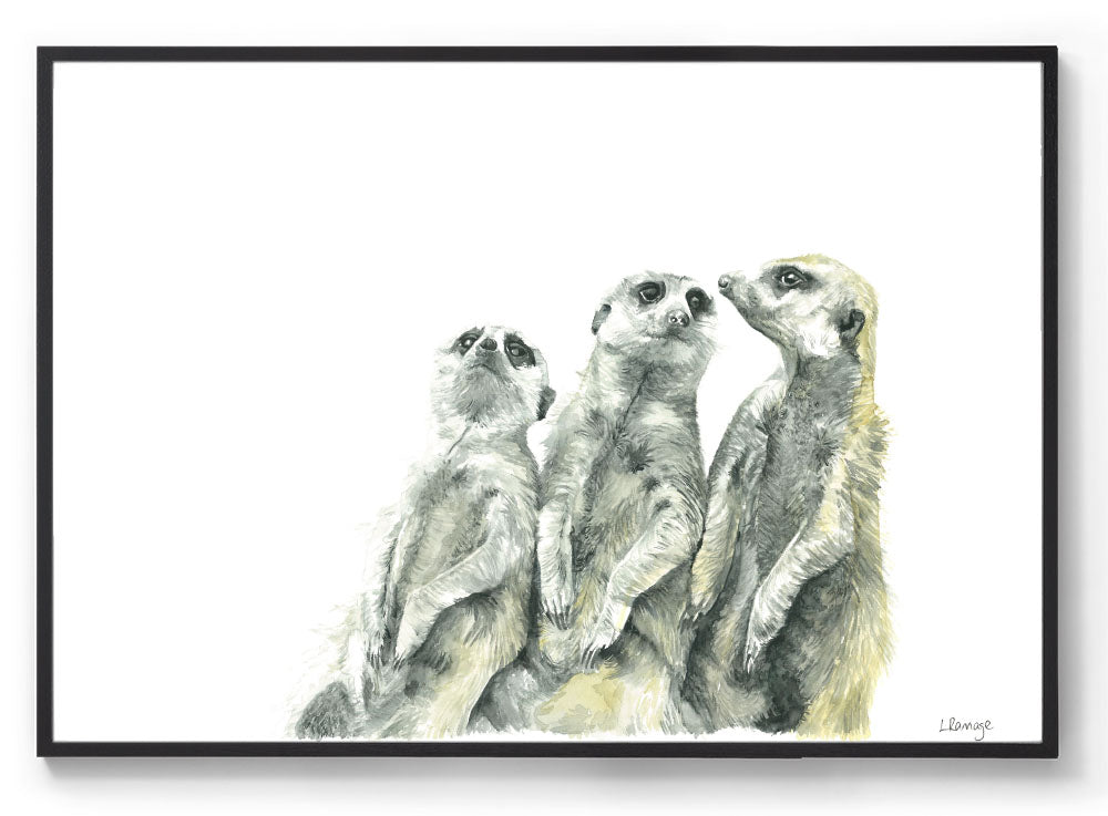 Oli, Otis & Clive the Meerkats: Watercolour Wall Print