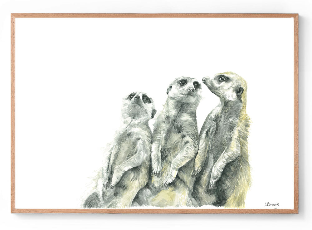 Oli, Otis & Clive the Meerkats: Watercolour Wall Print