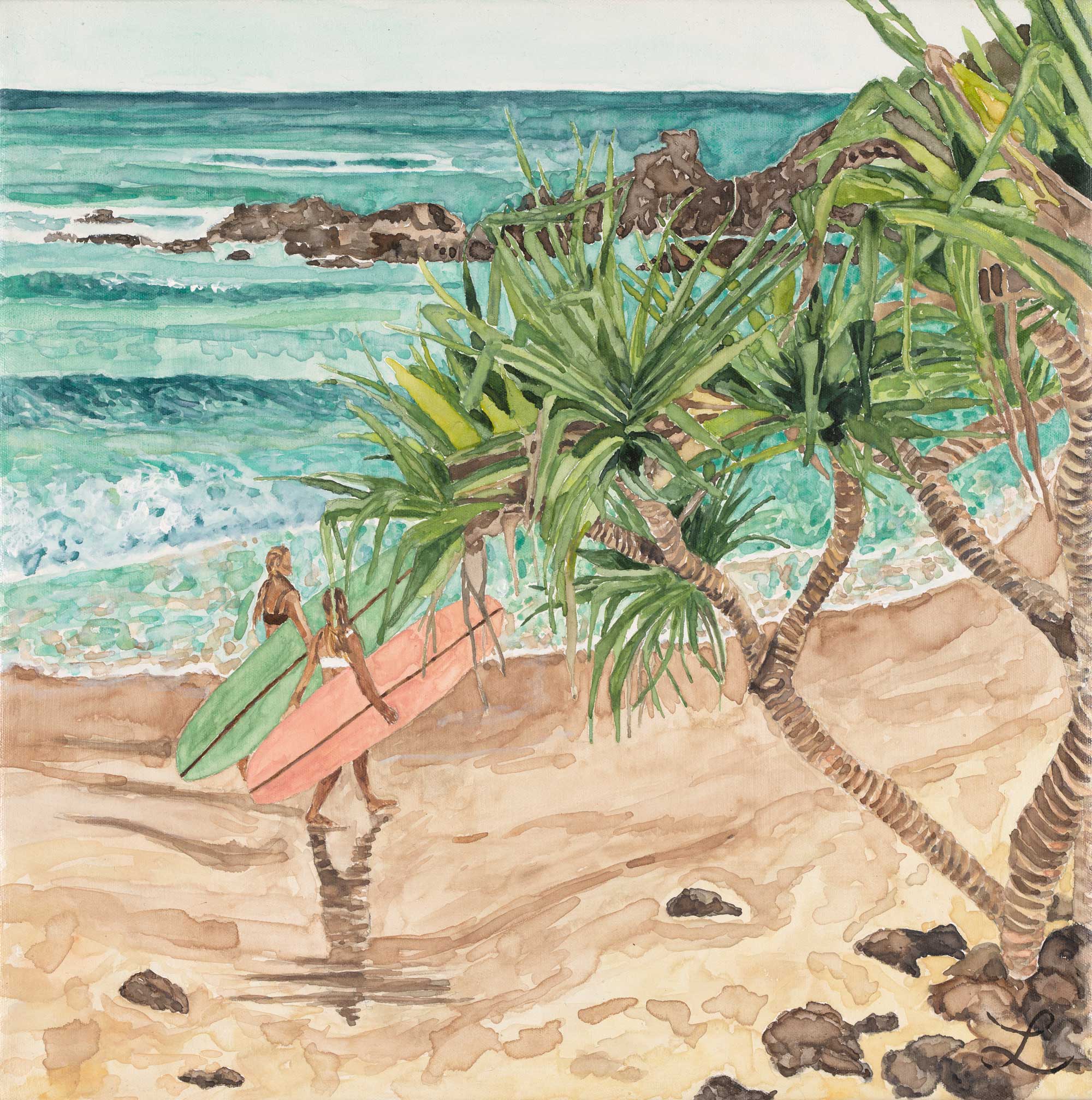 Arvo Surf Sesh at The Pass - original watercolour and gouache on canvas