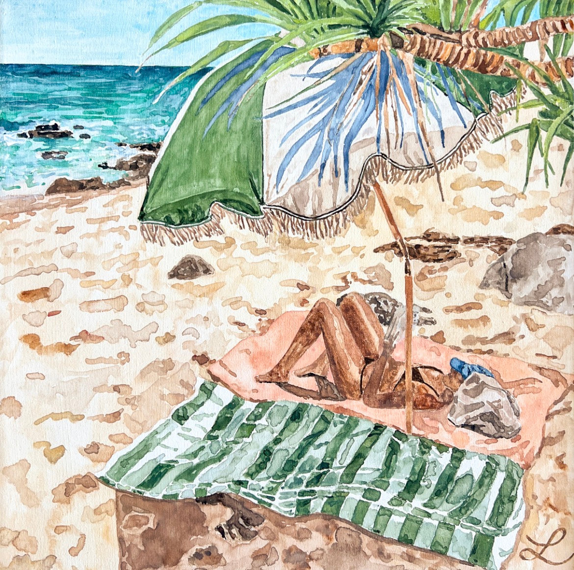 Under the umbrella - original watercolour and gouache on canvas
