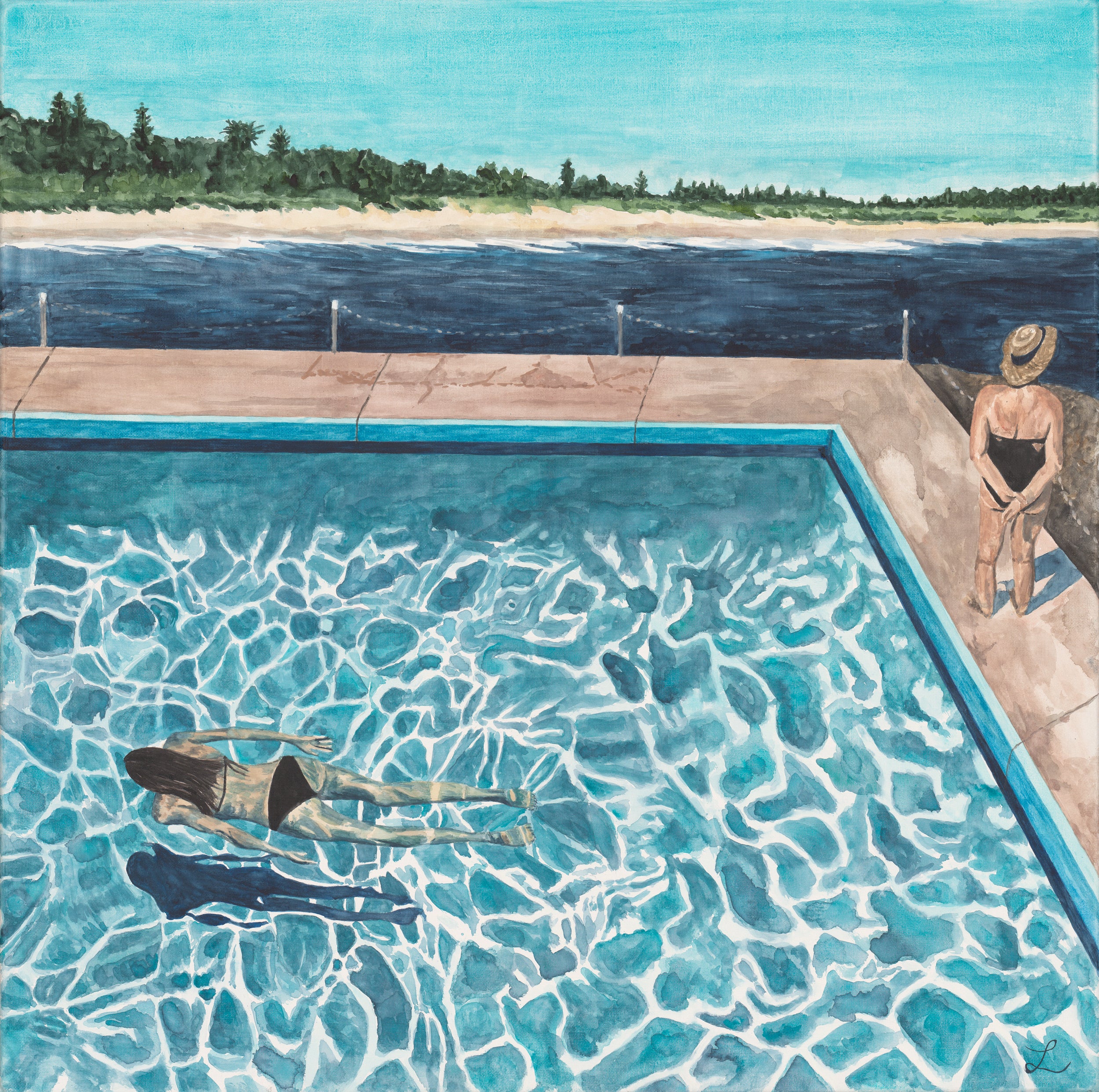 Diving In: Original Watercolour and gouache on canvas