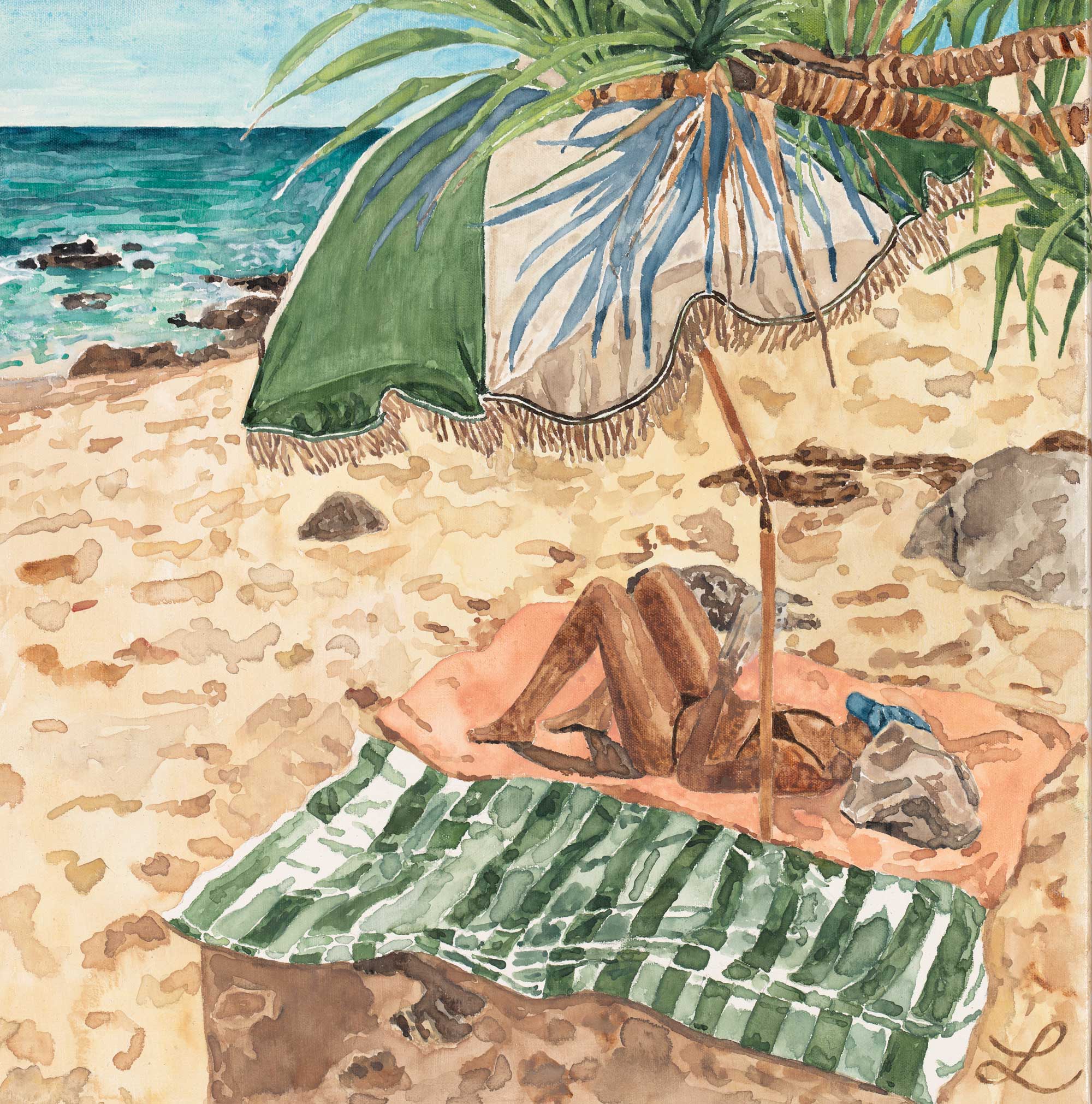 Under the umbrella - original watercolour and gouache on canvas
