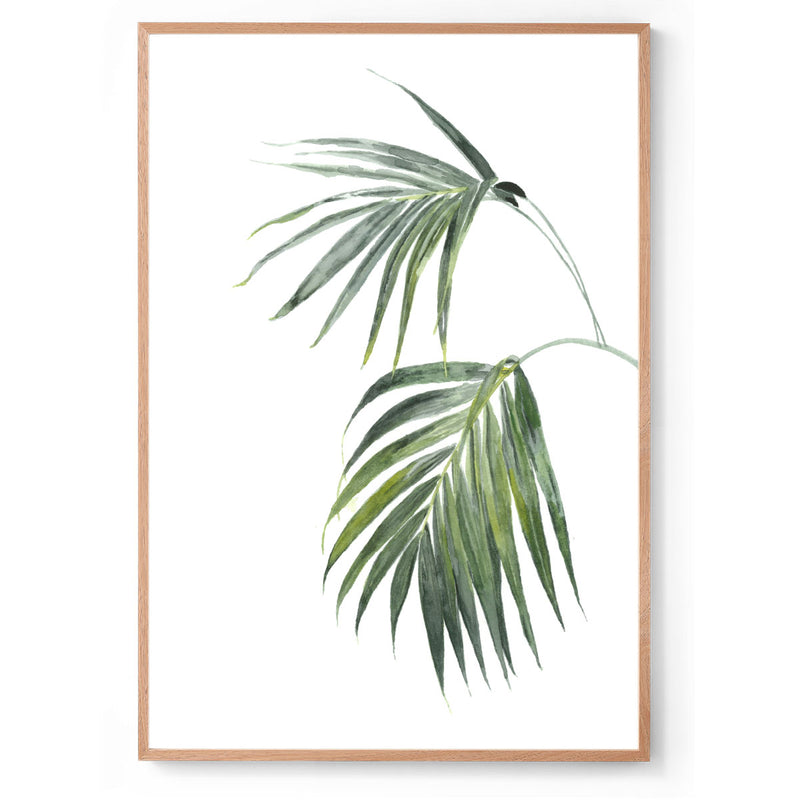 Tropical palm watercolour art print oak frame