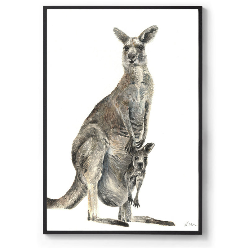 Watercolour kangaroo and joey art print black frame