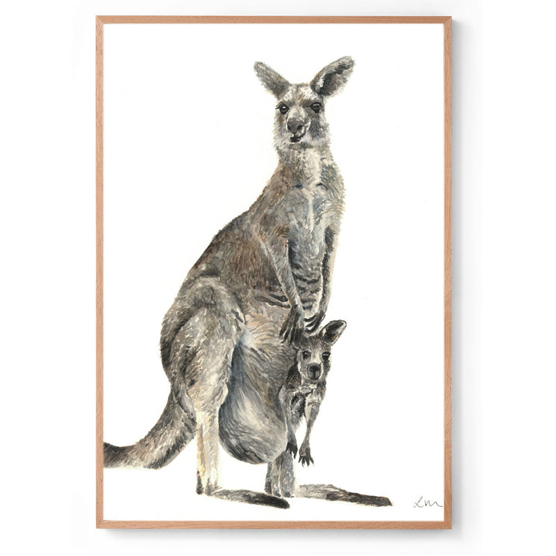 Watercolour kangaroo and joey art print oak frame