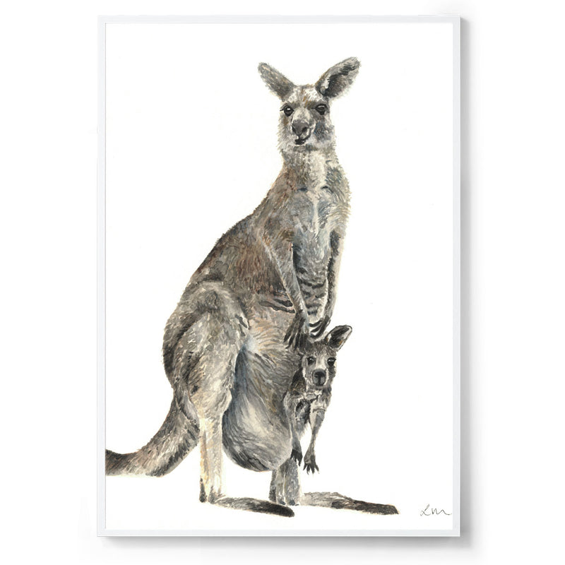Watercolour kangaroo and joey art print white frame