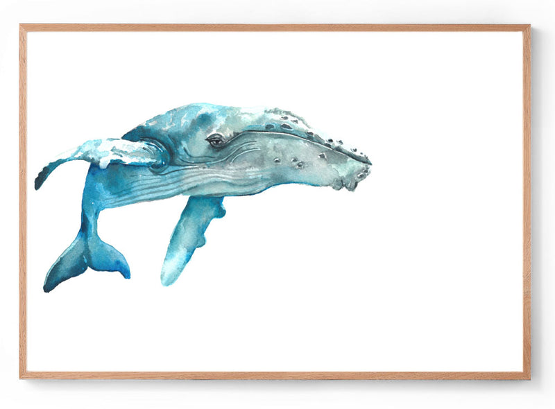 Watercolour Whale print oak frame