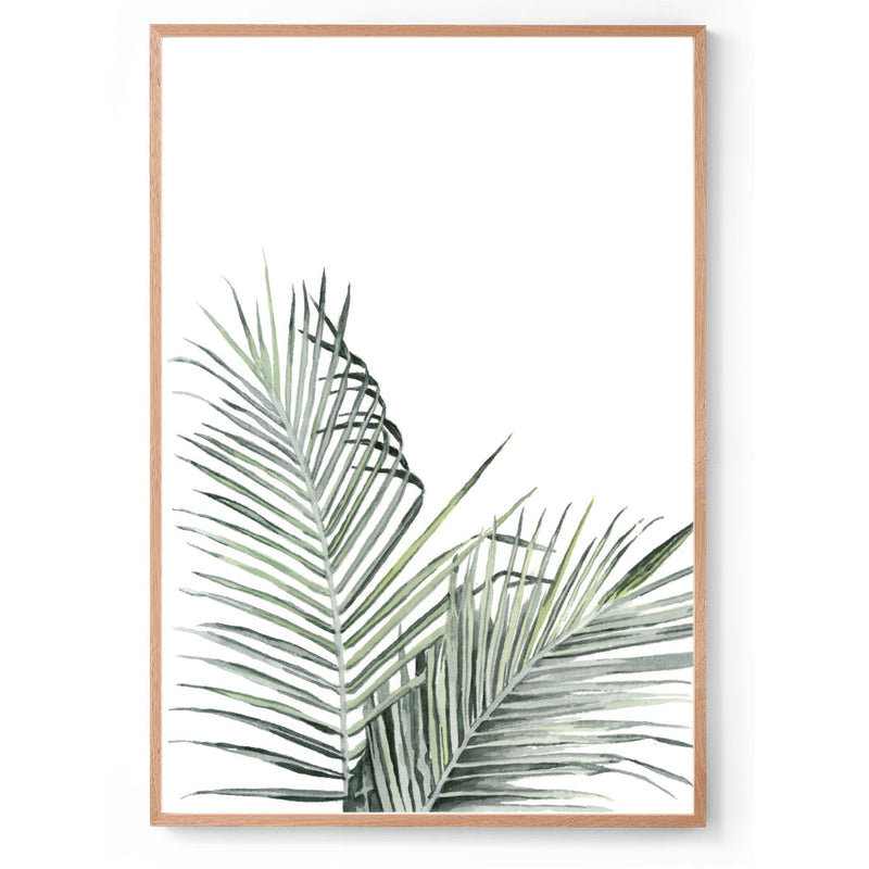 Tropical palm watercolour art print oak frame